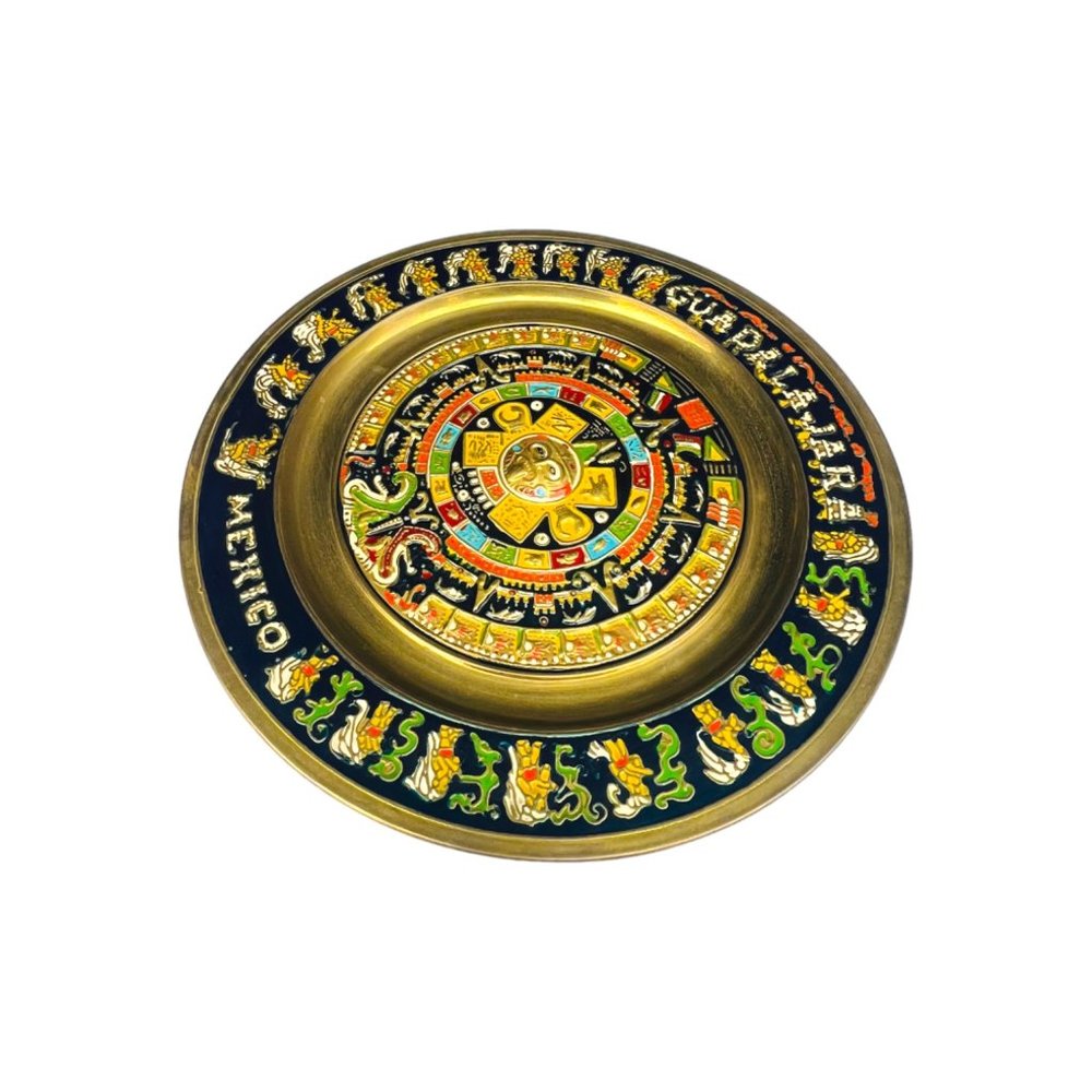 Vintage Guadalajara Mexico Decorative Brass Aztec Calendar Plate 11" - Picture 1 of 12
